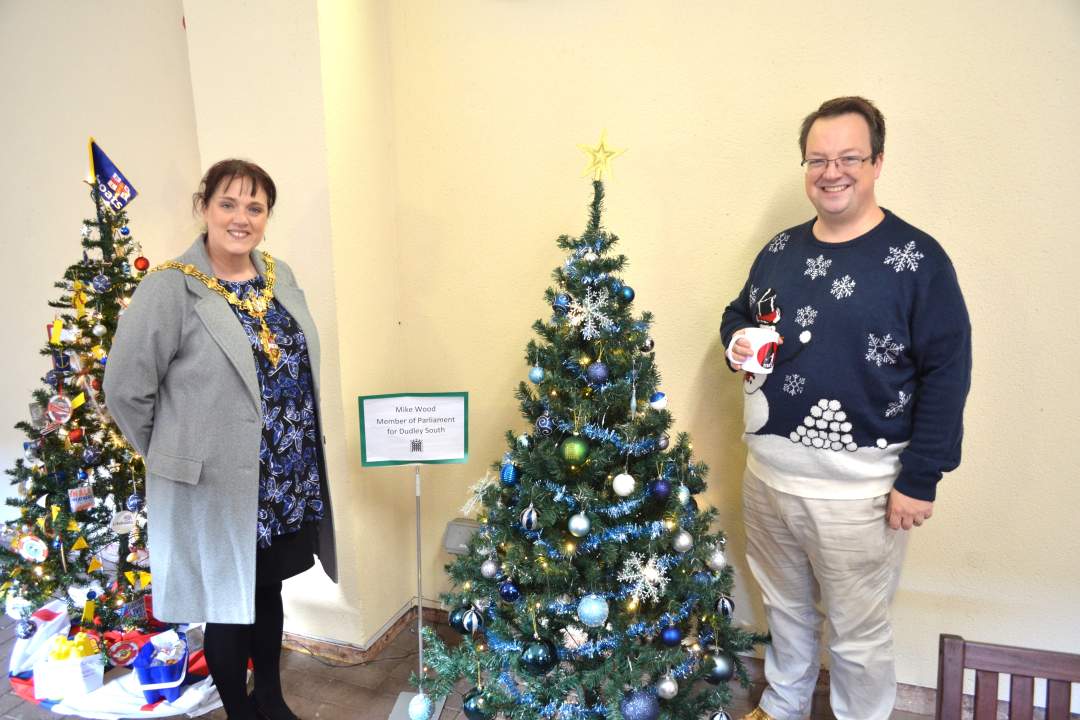 Mike with Mayor of Dudley, Cllr Andrea Goddard, at opening of Red House Glass Cone Christmas tree festival