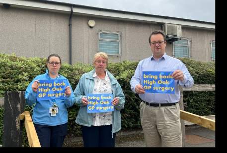 Mike Wood MP with Cllrs Rebbekah Collins and Sue Greenaway campaigning for GP services to return to Pensnett.jpg